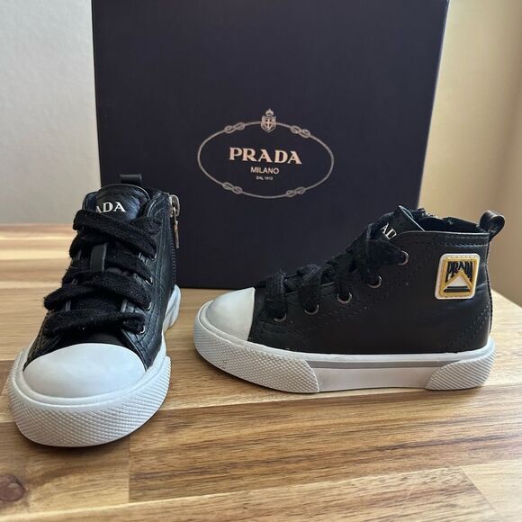 Prada Vitello Soft Black Leather High Top Sneakers Shoes Baby Toddler